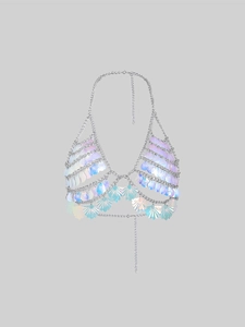 Silver body chain top with iridescent sequin shell design for beach and party wear