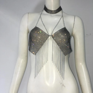 Detailed view of sparkling rhinestone halter top with long metallic fringes for parties