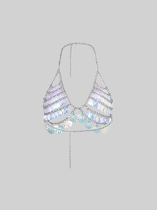 Halter neck shell sequin chain top in holographic purple and silver metal design