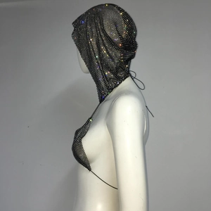 Sparkling rhinestone mesh hooded headpiece and bikini top set for festival wear