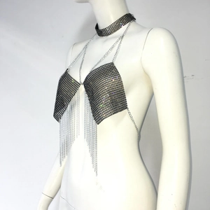 Macro view of silver fishnet top with shimmering rhinestones and tassel hem details