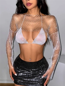 Sexy rhinestone fishnet long sleeve top with bikini set and sequin mini skirt outfit
