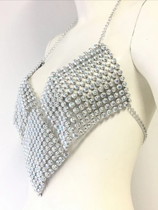 Gilet de luxe en chaîne de strass avec cristaux étincelants et bretelles argentées pour femme