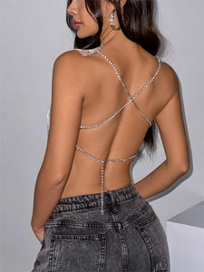 Sparkly metallic sequin halter top with crisscross back chains for party and festival wear