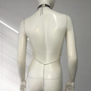 Detail view of silver body chain and black choker set on back of a mannequin