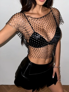 Sexy black mesh crop top with silver rhinestones for women, stylish clubwear and party outfit