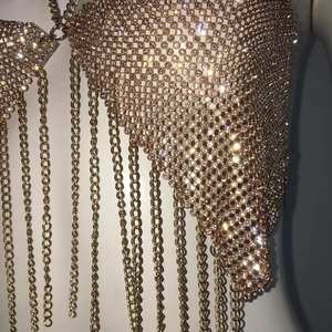 Macro detail of gold rhinestone chain top with fringe tassels for party wear