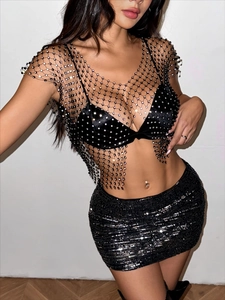 Haut sexy en résille noire avec strass et paillettes pour fêtes et discothèque
