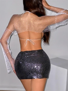 Sexy rhinestone fishnet long sleeve top and black sequin mini skirt set for party