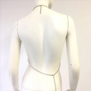 Detailed view of silver multi-layer body chain with adjustable back chain for bikini wear