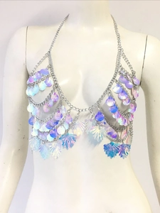 Iridescent sequin halter body chain with silver metal links for beach and party events