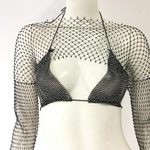 Detail of black mesh long-sleeve crop top paired with a sparkling rhinestone bikini top