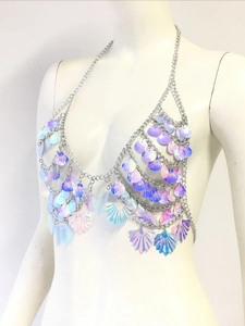 Sequin halter body chain top with iridescent shell-shaped sequins for beach and music festivals
