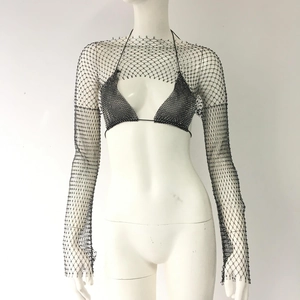 Detail of black mesh long sleeve top with rhinestone bikini set on mannequin