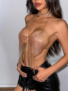 Sexy gold rhinestone tassel chain vest top and matching choker for party wear