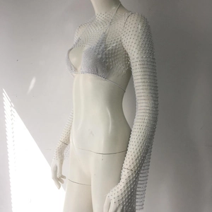 Macro view of sparkly silver rhinestone fishnet mesh top and matching bikini bralette