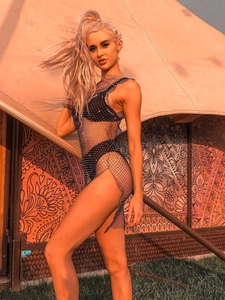 Sparkling rhinestone mesh mini dress over black bikini for party and festival style