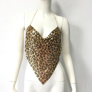 Detail of leopard print metal mesh halter top with delicate gold chain straps