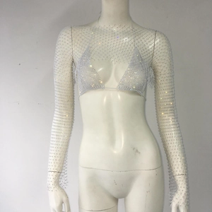 Detailed view of silver rhinestone mesh cover-up with halter bikini inner set