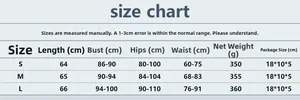 Size chart for sequin mini dress detailing length, bust, hip and waist measurements