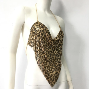 Detail of leopard print metallic sequin halter top with chain straps and V-shaped hemline