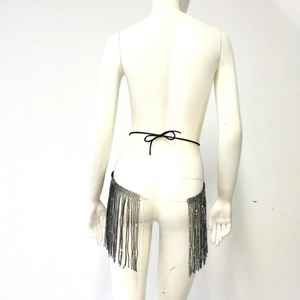 Detailed view of luxury black rhinestone tassel waist chain with crystal fringe fringe