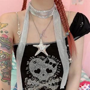 Silver Y2K sequin scarf necklace with a textured starfish metal pendant for women