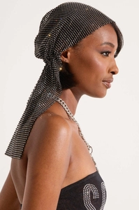 Detail of black mesh headscarf with sparkling silver rhinestones for music festivals