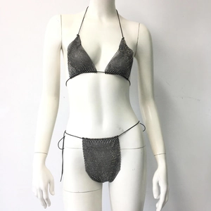 Detail of gunmetal grey mesh bikini set with sparkling rhinestones and chain link texture