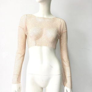 Detail von Strass-Mesh-Crop-Top mit schimmernden Kristallen auf beigem Netzstoff