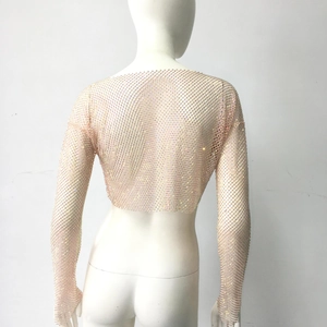 Detailansicht der Rückseite eines beigen Mesh-Crop-Tops mit funkelnden bunten Strasssteinen