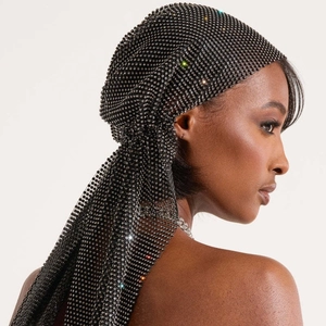 Sparkly black rhinestone mesh headscarf with long ties for music festival parties