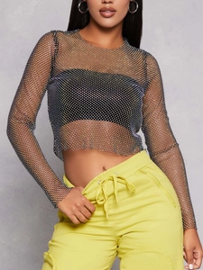 Sexy Mesh Strass Langarm Cropped T-Shirt Für Damen Slim Fit Durchsichtig Party Musik Festival Top