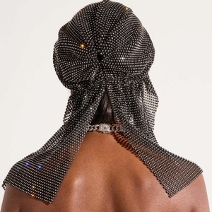 Black fishnet rhinestone durag with sparkling crystals for hip-hop music festivals