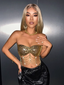 Sexy golden metal mesh sequin crop top with chain tassels for parties and festivals