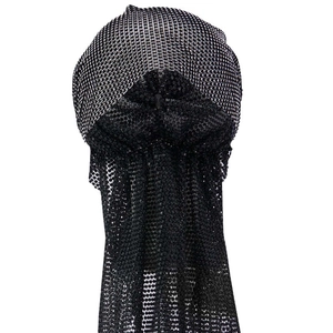 Sparkly black sequin mesh durag headscarf for music festival party and fashion styling