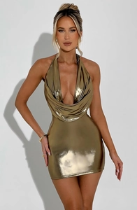 Close-up of golden metallic halter bodycon dress featuring elegant draped neckline details
