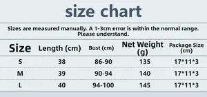 Size chart for rhinestone camisole with length and bust measurements for S M L sizes