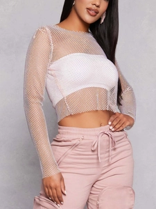 Weißes Langarm-Crop-Top aus Netzstoff mit glitzernden Strasssteinen und Stretch-Effekt
