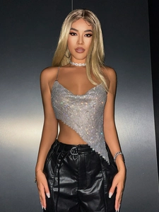 Silver rhinestone cowl neck camisole with asymmetrical hem for party wear
