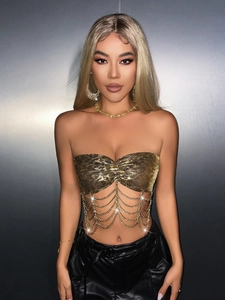 Gold metal mesh cropped top with layered fringe chain details for party wear