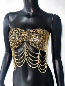 Detail of leopard print sequin tube top with layered gold metal chain fringe accents