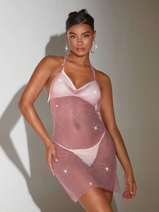 Abito a rete rosa con strass e scollo all'americana per feste e abbigliamento da club