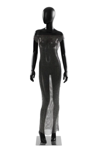 Detail of sheer black off-shoulder gown with sparkling rhinestones on mesh fabric