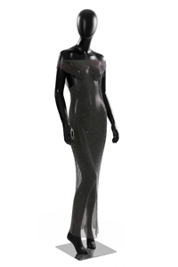Detailed view of silver rhinestones and mesh texture on the black off-shoulder maxi dress