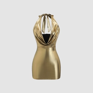 Detail of gold metallic dress featuring a cowl neckline and halter strap texture
