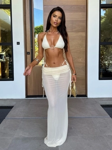 Three-piece beige bikini set with metal ring details and sheer mesh drawstring skirt