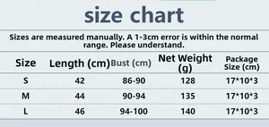 Size chart for women's sequin top including length, chest, and weight measurements