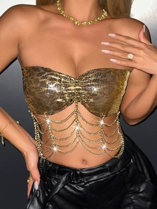 Women Sexy Leopard Metal Mesh Sequin Bandeau Top Layered Chain Fringe Backless Tie Nightclub Party Wear Tube Top
