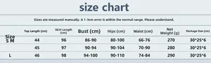 Detailed size chart for women top and skirt set showing S, M, L dimensions and weight